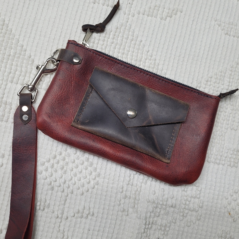 Handmade Womens Red And Brown Leather Clutch With Detachable Wristlet Strap - Picture 8 of 9
